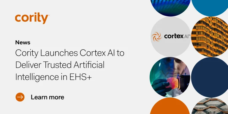 Cority announces the launch of Cortex AI, delivering trusted artificial intelligence for EHS with abstract images and a Learn more button on a white background.