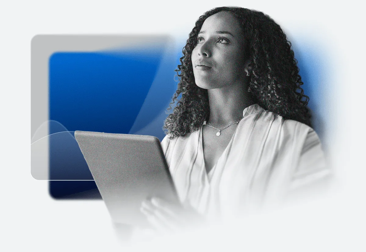 A woman with curly hair holds a tablet and looks upward thoughtfully, perhaps envisioning innovative solutions with EHS Software. The background features a blue gradient shape and abstract design elements.
