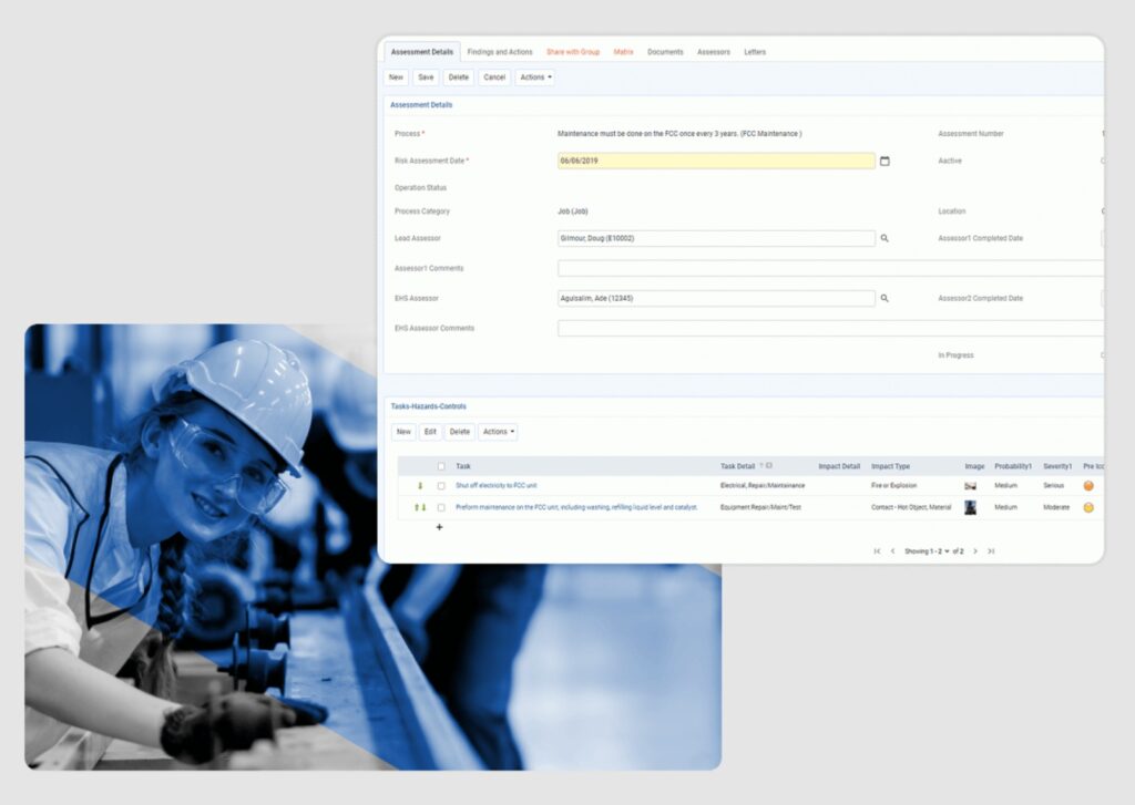 A screen displays a digital assessment form for equipment maintenance, highlighting digital risk management, overlaid on a photo of a smiling woman in safety gear working in an industrial setting.