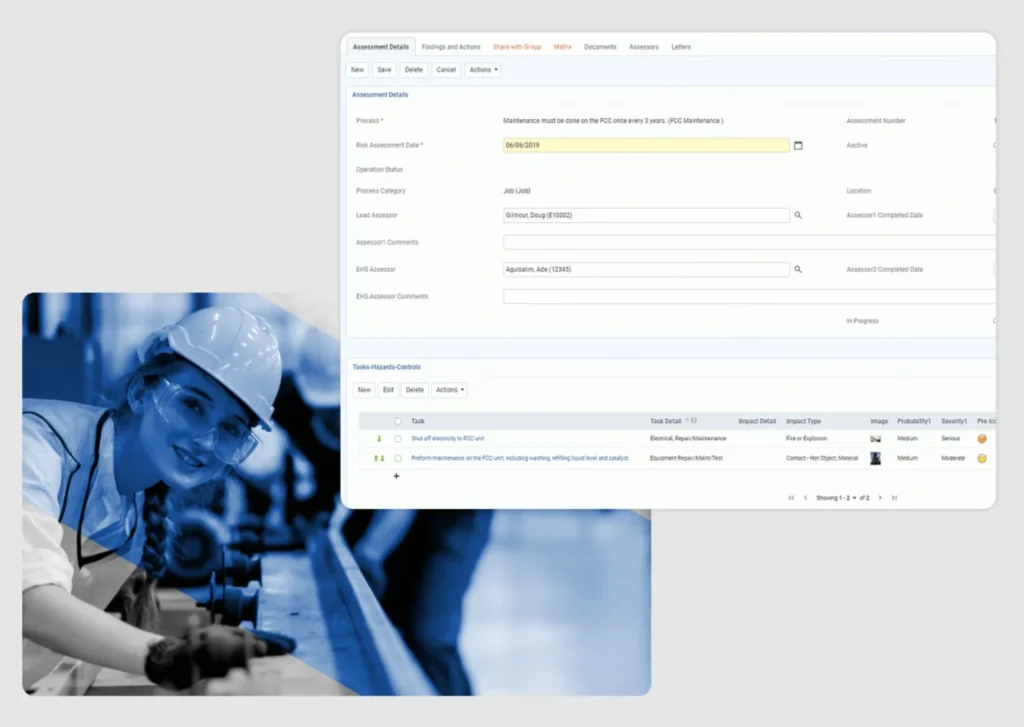 A screen displays a digital assessment form for equipment maintenance, highlighting digital risk management, overlaid on a photo of a smiling woman in safety gear working in an industrial setting.