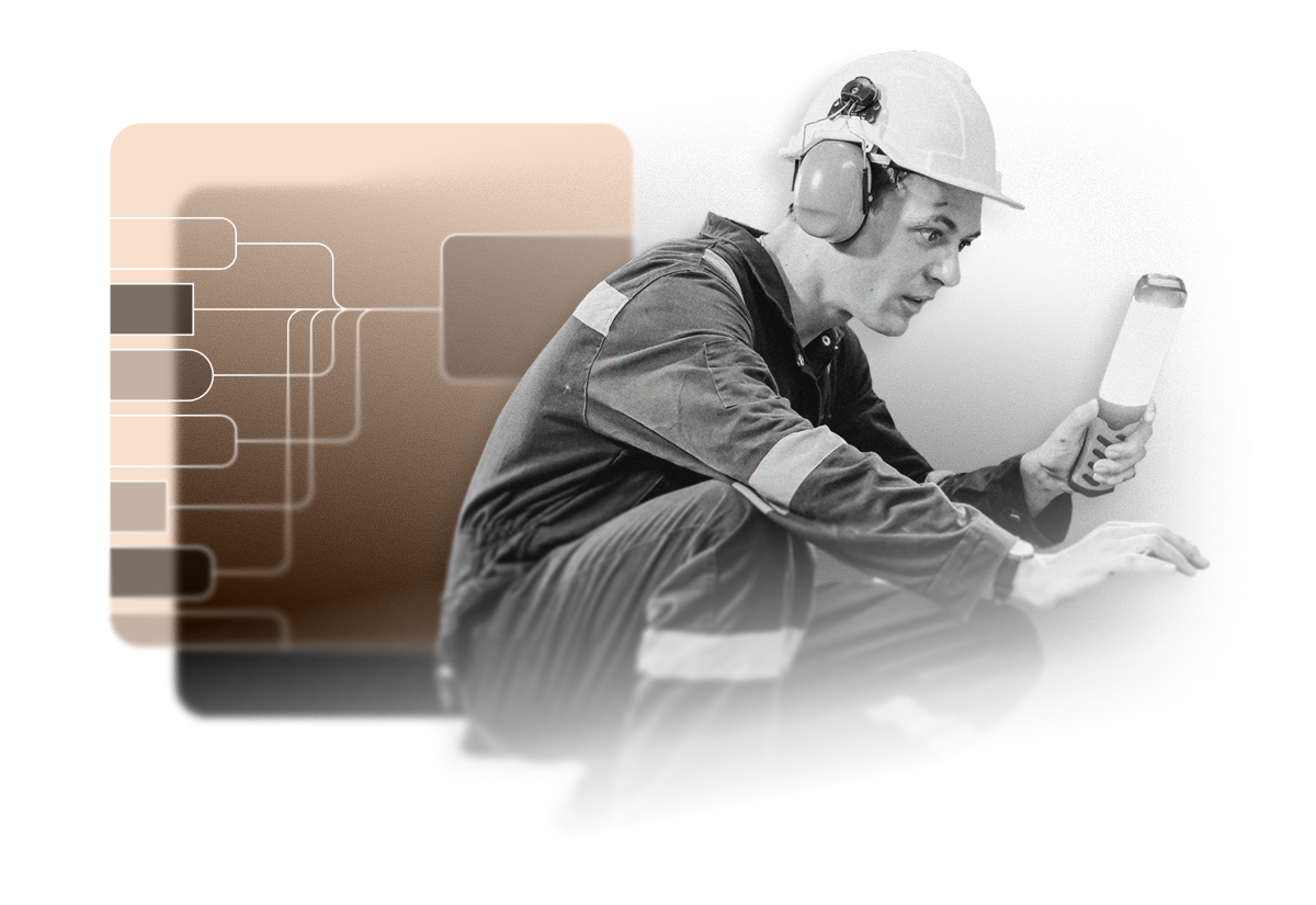 A male worker in protective gear, including a hard hat and ear protection, squats while holding a flashlight. Behind him is a graphic with interconnected rectangular nodes, representing an EHS Software Platform on a gradient background.