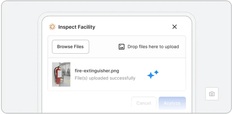 A computer screen displays an Inspect Facility upload window powered by ehs ai, showing a thumbnail of fire-extinguisher.png and a message stating File(s) uploaded successfully.