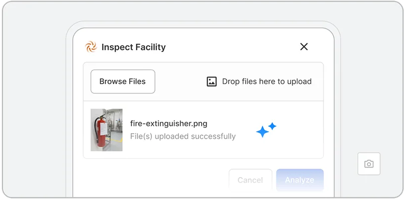 A computer screen displays an Inspect Facility upload window powered by ehs ai, showing a thumbnail of fire-extinguisher.png and a message stating File(s) uploaded successfully.
