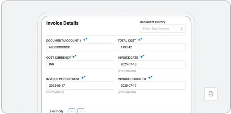 A digital form titled Invoice Details, powered by EHS AI, displays fields for document/account number, total cost (1193.42), cost currency (INR), invoice date (2025-07-18), and invoice period from 2025-06-17 to 2025-07-17.