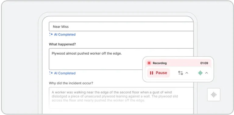 A digital form on a screen, powered by EHS AI, shows a near miss incident report with typed responses and a voice recording interface displaying a timer, pause button, and audio levels.