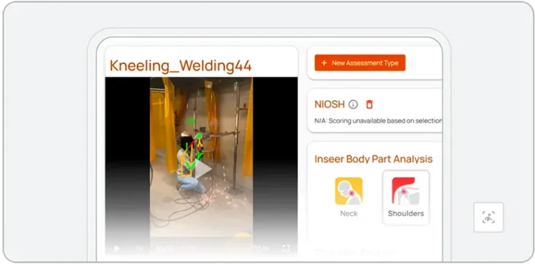 A person is kneeling and welding metal in a workshop, with green and red lines marking body posture. The screen, powered by EHS AI, displays assessment options and analysis results for neck and shoulder body parts on the right.