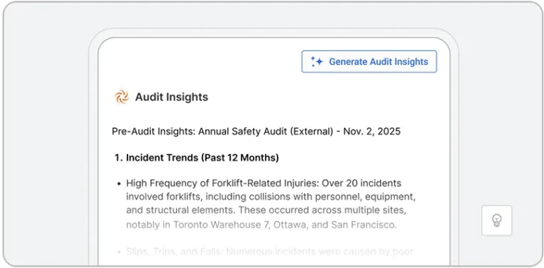 A computer screen displays a report titled Audit Insights, enhanced by EHS AI, with a section on Incident Trends noting forklift-related injuries. A button labeled Generate Audit Insights appears at the top right of the report.