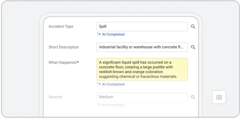 A form interface powered by EHS AI is shown with fields filled: Accident Type as Spill, Short Description as Industrial facility or warehouse with concrete fl..., and a detailed note describing a chemical spill on a concrete floor.
