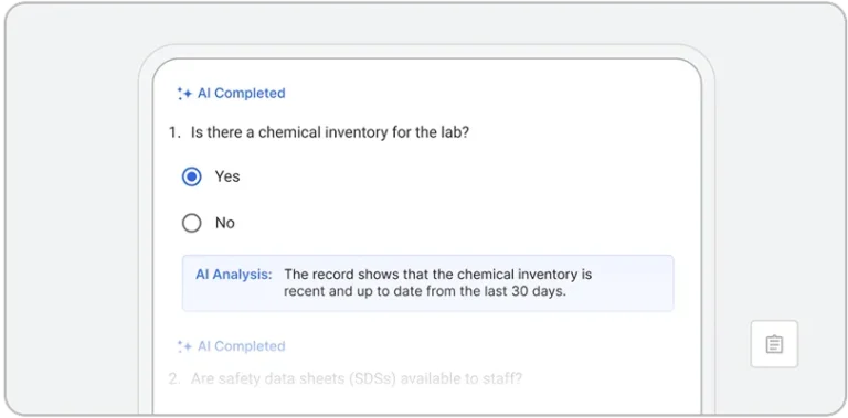 A digital form powered by EHS AI asks, Is there a chemical inventory for the lab? with Yes selected. Below, an AI analysis confirms the inventory is recent and updated within the last 30 days.