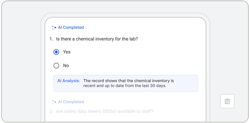 A digital form powered by EHS AI asks, Is there a chemical inventory for the lab? with Yes selected. Below, an AI analysis confirms the inventory is recent and updated within the last 30 days.
