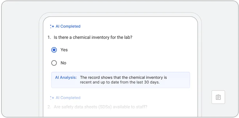 A digital form powered by EHS AI asks, Is there a chemical inventory for the lab? with Yes selected. Below, an AI analysis confirms the inventory is recent and updated within the last 30 days.