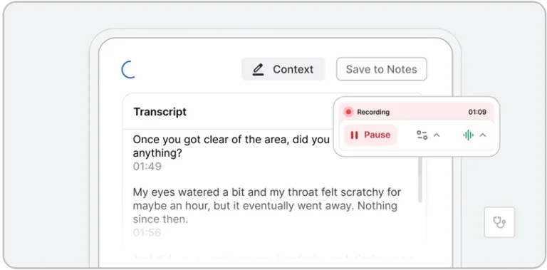 A digital interface powered by ehs ai displays a transcript of recorded audio with a pop-up showing Recording at 1 minute 9 seconds and the Pause button highlighted. Options for Context and Save to Notes are also visible.
