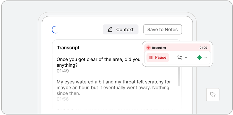 A digital interface powered by ehs ai displays a transcript of recorded audio with a pop-up showing Recording at 1 minute 9 seconds and the Pause button highlighted. Options for Context and Save to Notes are also visible.