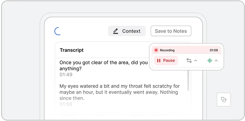 A digital interface powered by ehs ai displays a transcript of recorded audio with a pop-up showing Recording at 1 minute 9 seconds and the Pause button highlighted. Options for Context and Save to Notes are also visible.