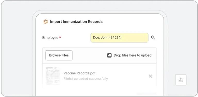 A computer interface screen powered by EHS AI shows the Import Immunization Records form with the employee name Doe, John (24524) entered. A file named Vaccine Records.pdf appears as successfully uploaded.