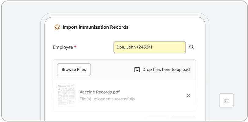 A computer interface screen powered by EHS AI shows the Import Immunization Records form with the employee name Doe, John (24524) entered. A file named Vaccine Records.pdf appears as successfully uploaded.