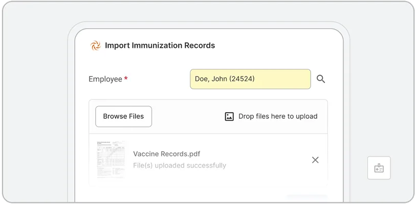 A computer interface screen powered by EHS AI shows the Import Immunization Records form with the employee name Doe, John (24524) entered. A file named Vaccine Records.pdf appears as successfully uploaded.