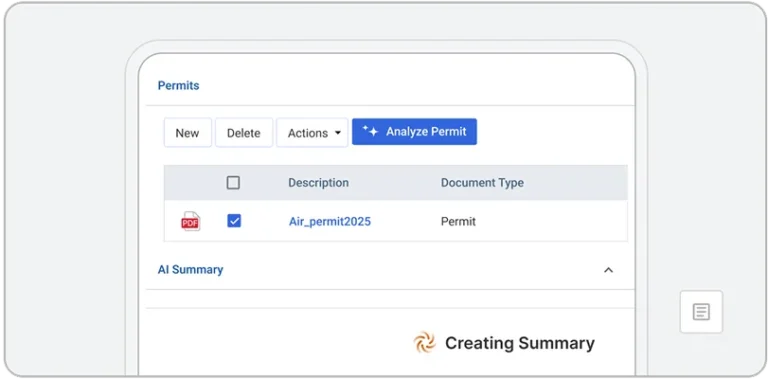 A digital interface enhanced with EHS AI displays a permits table with options to create, delete, or analyze a permit. One row lists Air_permit2025 as a PDF permit document. Part of a Creating Summary section is visible below.