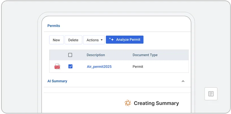A digital interface enhanced with EHS AI displays a permits table with options to create, delete, or analyze a permit. One row lists Air_permit2025 as a PDF permit document. Part of a Creating Summary section is visible below.