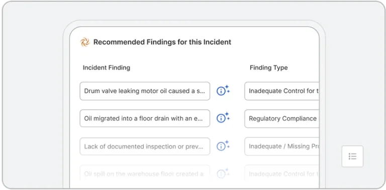 A computer screen displays a list titled Recommended Findings for this Incident, showing incident findings such as oil leaks and compliance issues, along with corresponding finding types generated by EHS AI.