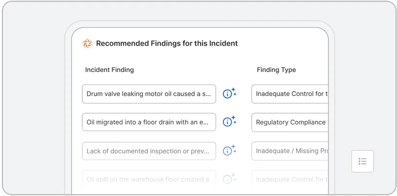 A computer screen displays a list titled Recommended Findings for this Incident, showing incident findings such as oil leaks and compliance issues, along with corresponding finding types generated by EHS AI.