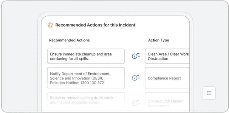 A digital screen powered by EHS AI displays a list of recommended actions for an incident, including immediate cleanup of spills and notifying the Department of Environment, with corresponding action types shown beside each task.
