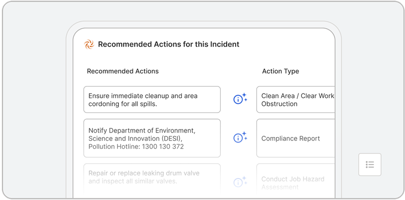 A digital screen powered by EHS AI displays a list of recommended actions for an incident, including immediate cleanup of spills and notifying the Department of Environment, with corresponding action types shown beside each task.