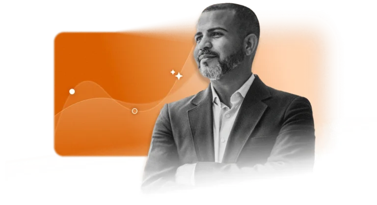 A man in a suit with arms crossed looks confidently to the side, set against an orange abstract background with subtle lines and dots, symbolizing leadership in EHS Software Platform solutions.