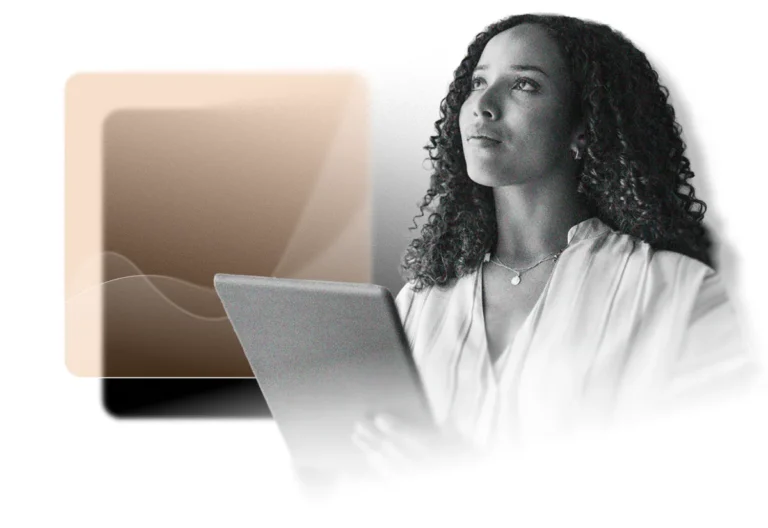 A woman with curly hair holds a tablet and looks upward, reflecting on an EHS Software Platform. She wears a light blouse and a necklace. In the background, an abstract square design features soft brown and beige tones.