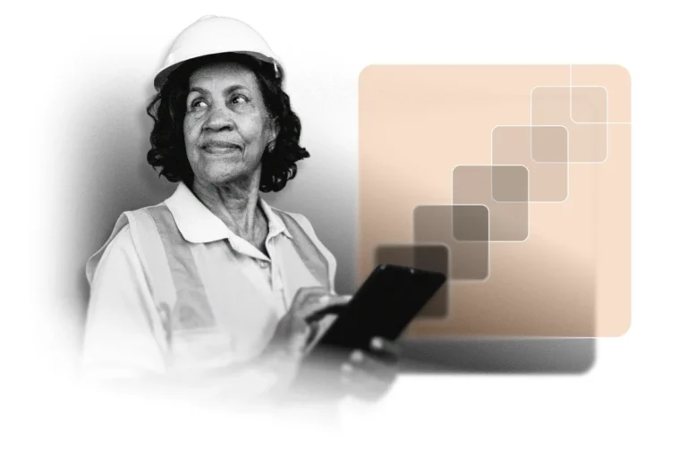 A woman in a safety vest and hard hat holds a tablet, looking to the side. A geometric design with overlapping squares appears in the background, reflecting the innovation of an EHS Software Platform.
