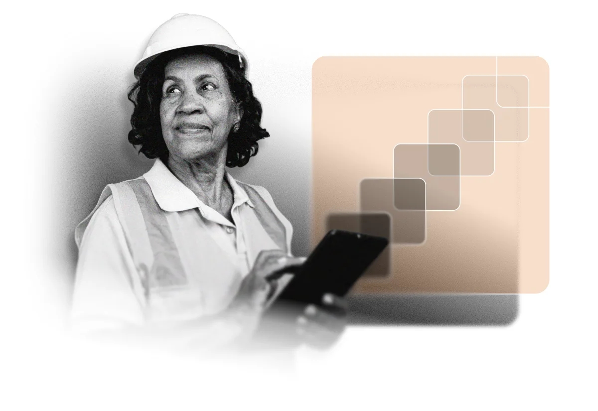 A woman in a safety vest and hard hat holds a tablet, looking to the side. A geometric design with overlapping squares appears in the background, reflecting the innovation of an EHS Software Platform.