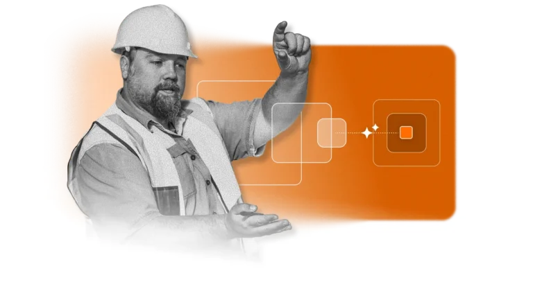 A construction worker in a hard hat and safety vest gestures with his hands in front of an orange rectangle with abstract flowchart icons, suggesting planning or process visualization through an EHS Software Platform.