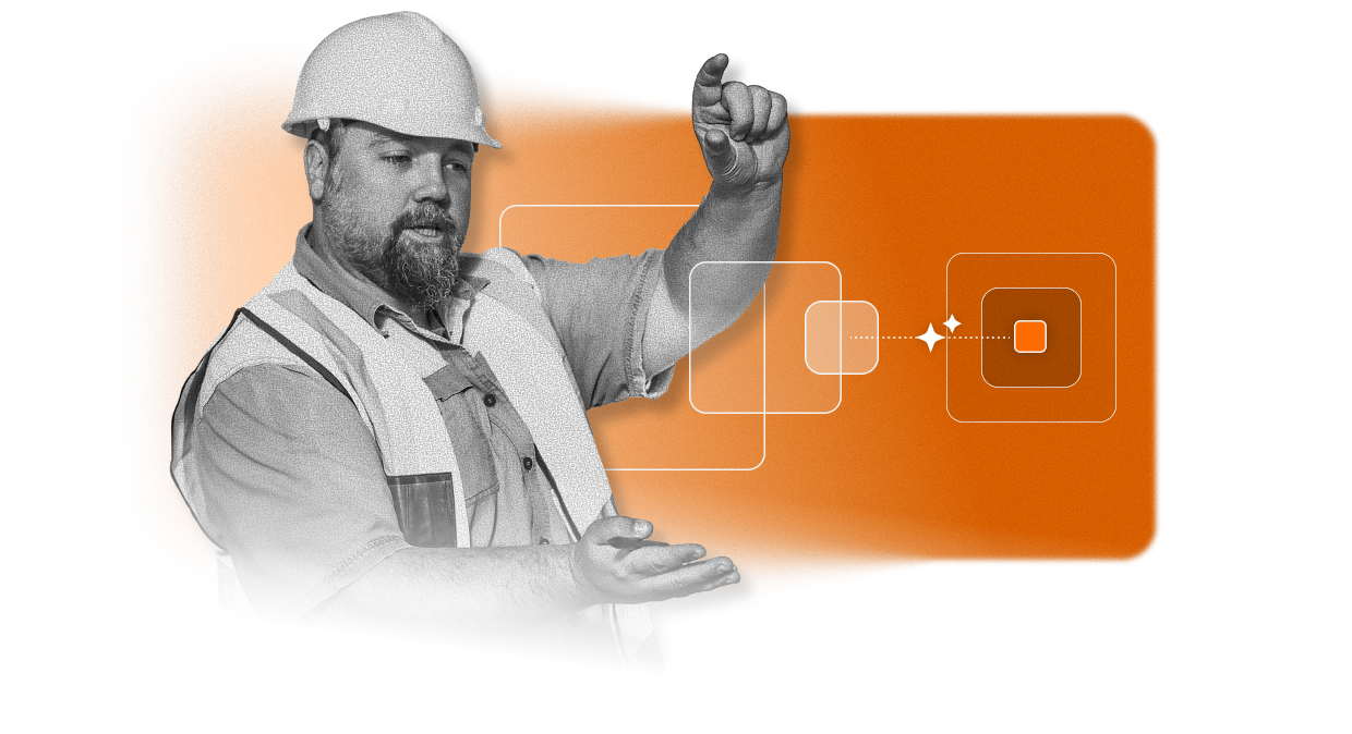 A construction worker in a hard hat and safety vest gestures with his hands in front of an orange rectangle with abstract flowchart icons, suggesting planning or process visualization through an EHS Software Platform.
