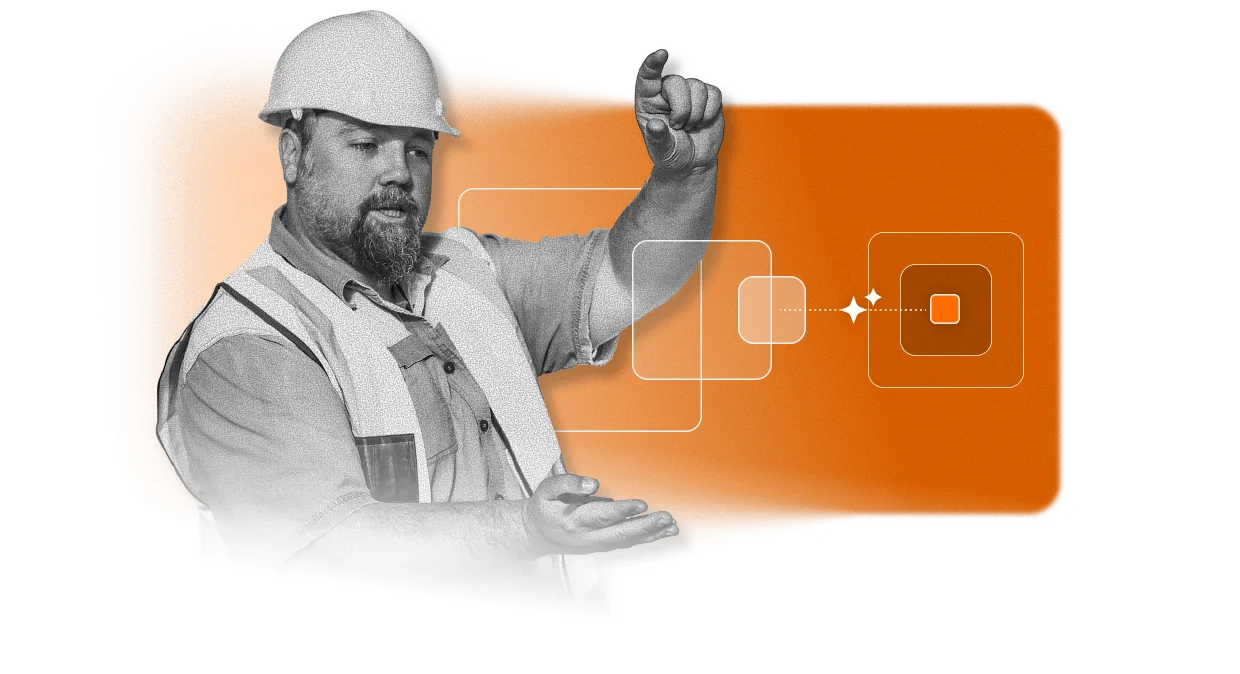 A construction worker in a hard hat and safety vest gestures with his hands in front of an orange rectangle with abstract flowchart icons, suggesting planning or process visualization through an EHS Software Platform.