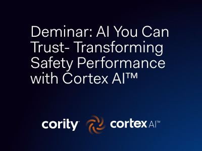 White text on a dark blue background reads, “Deminar: AI You Can Trust - Transforming Safety Performance with Cortex AI™.” Below are the Cority and Cortex AI™ logos, highlighting trusted AI solutions for advancing safety performance.