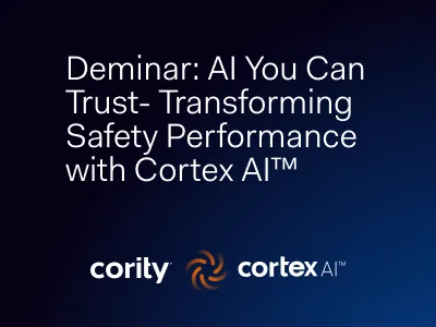 White text on a dark blue background reads, “Deminar: AI You Can Trust - Transforming Safety Performance with Cortex AI™.” Below are the Cority and Cortex AI™ logos, highlighting trusted AI solutions for advancing safety performance.