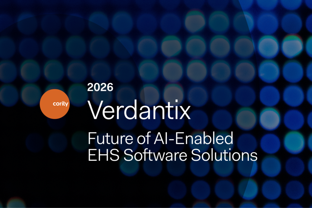 Text reading 2026 Verdantix Future of AI-Enabled EHS Software Solutions and a cority logo appears over a blue abstract background, highlighting the future of AI-enabled EHS software with blurred circular lights.
