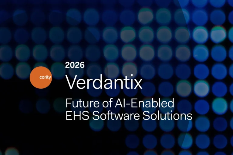Text reading 2026 Verdantix Future of AI-Enabled EHS Software Solutions and a cority logo appears over a blue abstract background, highlighting the future of AI-enabled EHS software with blurred circular lights.