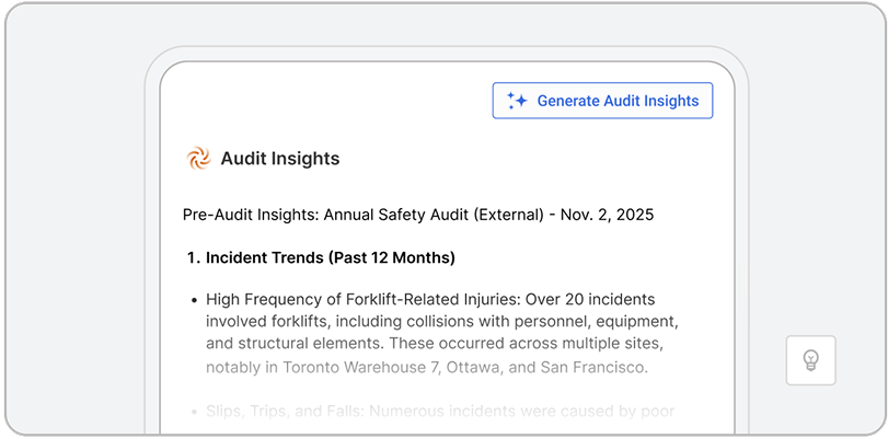 A computer screen displays an audit report titled Audit Insights: Annual Safety Audit (External) dated Nov. 2, 2025, highlighting incident trends powered by AI for workplace safety and a button labeled Generate Audit Insights.