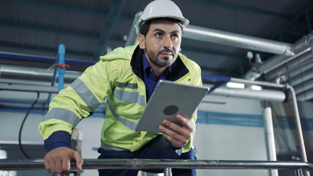 A man wearing a white hard hat and a high-visibility jacket holds a tablet while inspecting industrial equipment, utilizing ai for workplace safety in a factory or plant setting.