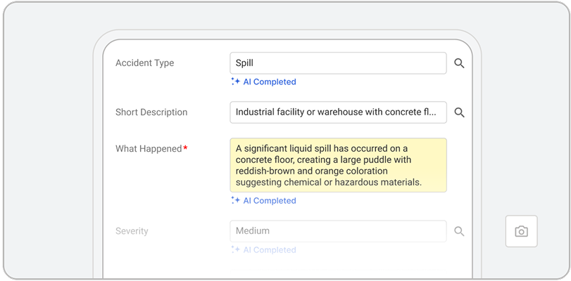 A digital form powered by AI for workplace safety displays an accident report detailing a significant liquid spill on a concrete floor, forming a reddish-brown and orange puddle likely caused by chemicals or hazardous materials.