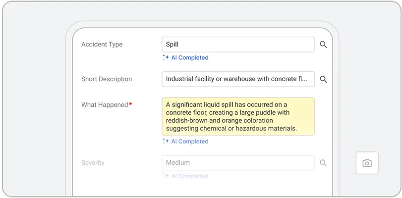 A digital form powered by AI for workplace safety displays an accident report detailing a significant liquid spill on a concrete floor, forming a reddish-brown and orange puddle likely caused by chemicals or hazardous materials.