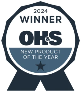 A circular badge with a ribbon that reads 2024 Winner OH&S New Product of the Year, featuring a star at the bottom and highlighting Cority EHS software.