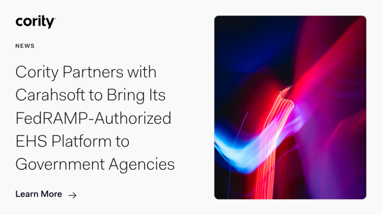 A Cority news announcement reads: Cority Partners with Carahsoft to deliver its FedRAMP-Authorized EHS Platform to government agencies. Abstract red, blue, and purple light streaks are shown on the right.