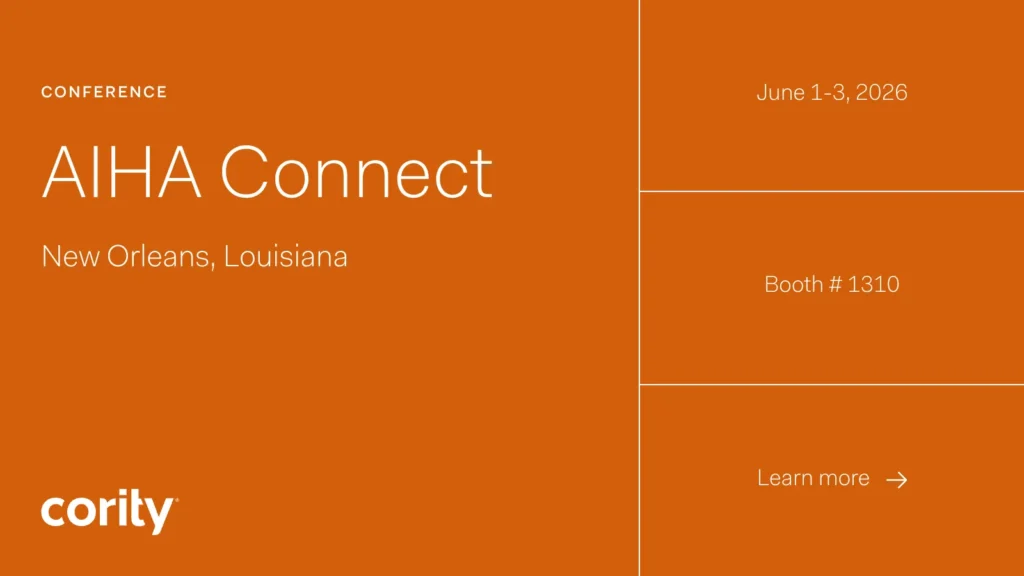 Orange graphic with white text: CONFERENCE AIHA Connect, New Orleans, Louisiana. Right side says June 1-3, 2026, Booth #1310, and Learn more about Cority EHS software. Cority logo at bottom left.