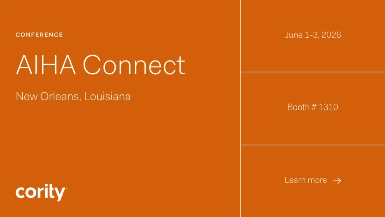 Orange graphic with white text: CONFERENCE AIHA Connect, New Orleans, Louisiana. Right side says June 1-3, 2026, Booth #1310, and Learn more about Cority EHS software. Cority logo at bottom left.