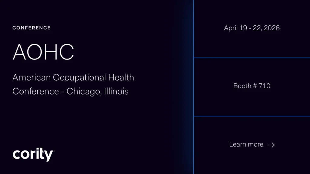 Dark image with white text promoting the American Occupational Health Conference (AOHC) in Chicago, Illinois, April 19–22, 2026. Highlights Cority EHS software at booth 710 and features a Learn more section with the Cority logo at the bottom.