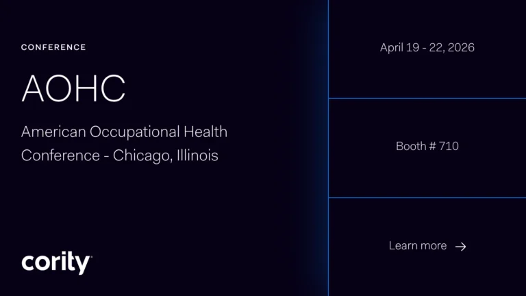 Dark image with white text promoting the American Occupational Health Conference (AOHC) in Chicago, Illinois, April 19–22, 2026. Highlights Cority EHS software at booth 710 and features a Learn more section with the Cority logo at the bottom.