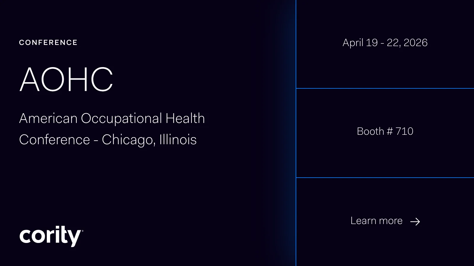 Dark image with white text promoting the American Occupational Health Conference (AOHC) in Chicago, Illinois, April 19–22, 2026. Highlights Cority EHS software at booth 710 and features a Learn more section with the Cority logo at the bottom.