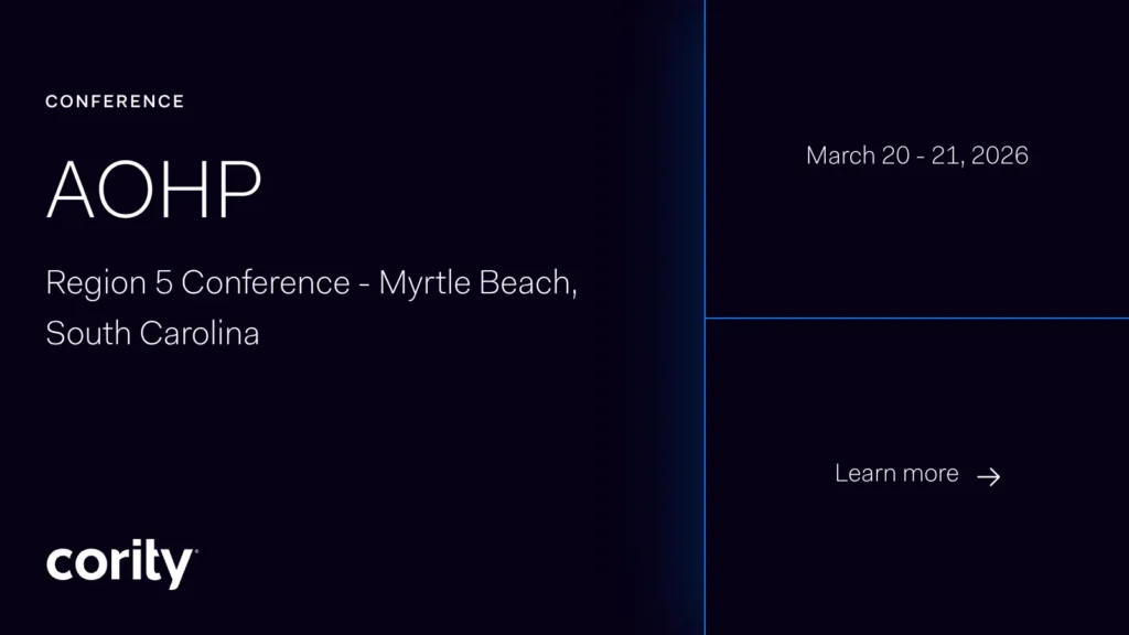 Dark-themed promotional graphic for the AOHP Region 5 Conference in Myrtle Beach, South Carolina, highlighting EHS and Cority software. Event dates: March 20-21, 2026. The Learn more prompt and Cority logo are visible at the bottom.